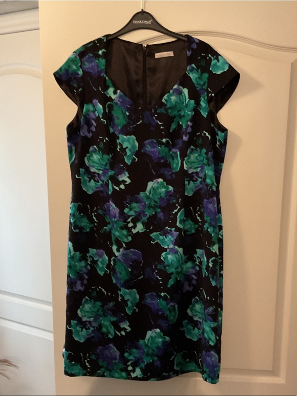 Elegant Jacques Vert Black Sheath Dress with Teal & Purple Floral Print